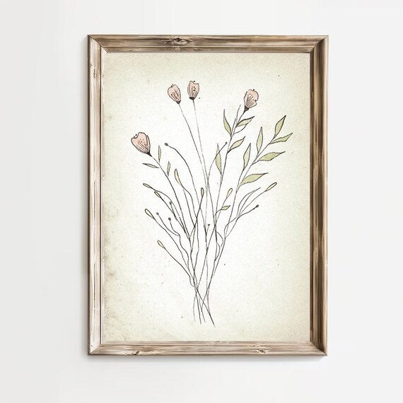 Delicate Pink Flower Buds Minimal Botanical Sketch Art Print