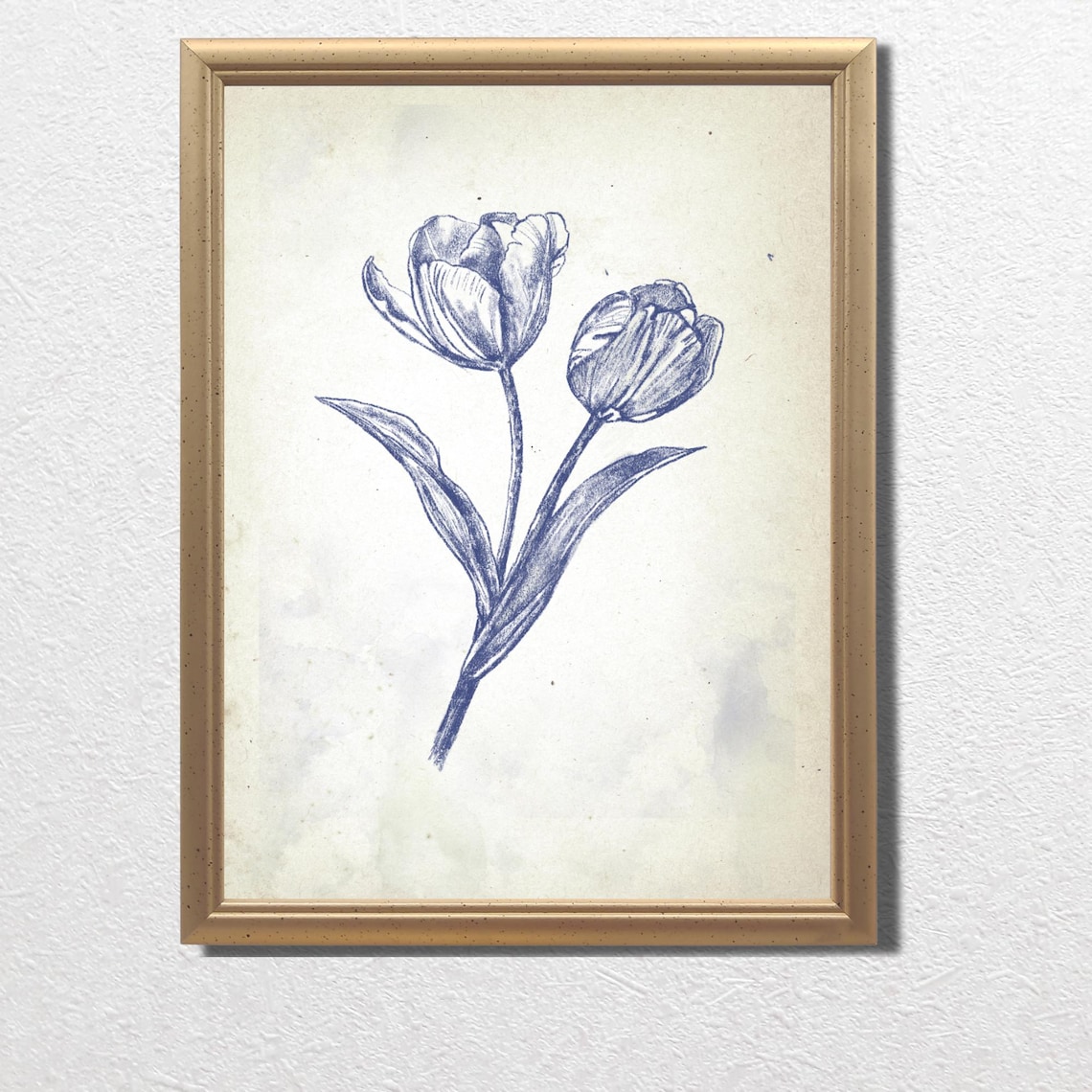 Pair of Blue Tulips in Vintage Botanical Ink Sketch Art Poster
