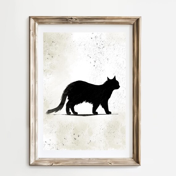 Black Cat Silhouette Walking Gracefully Moody Ink Art Poster