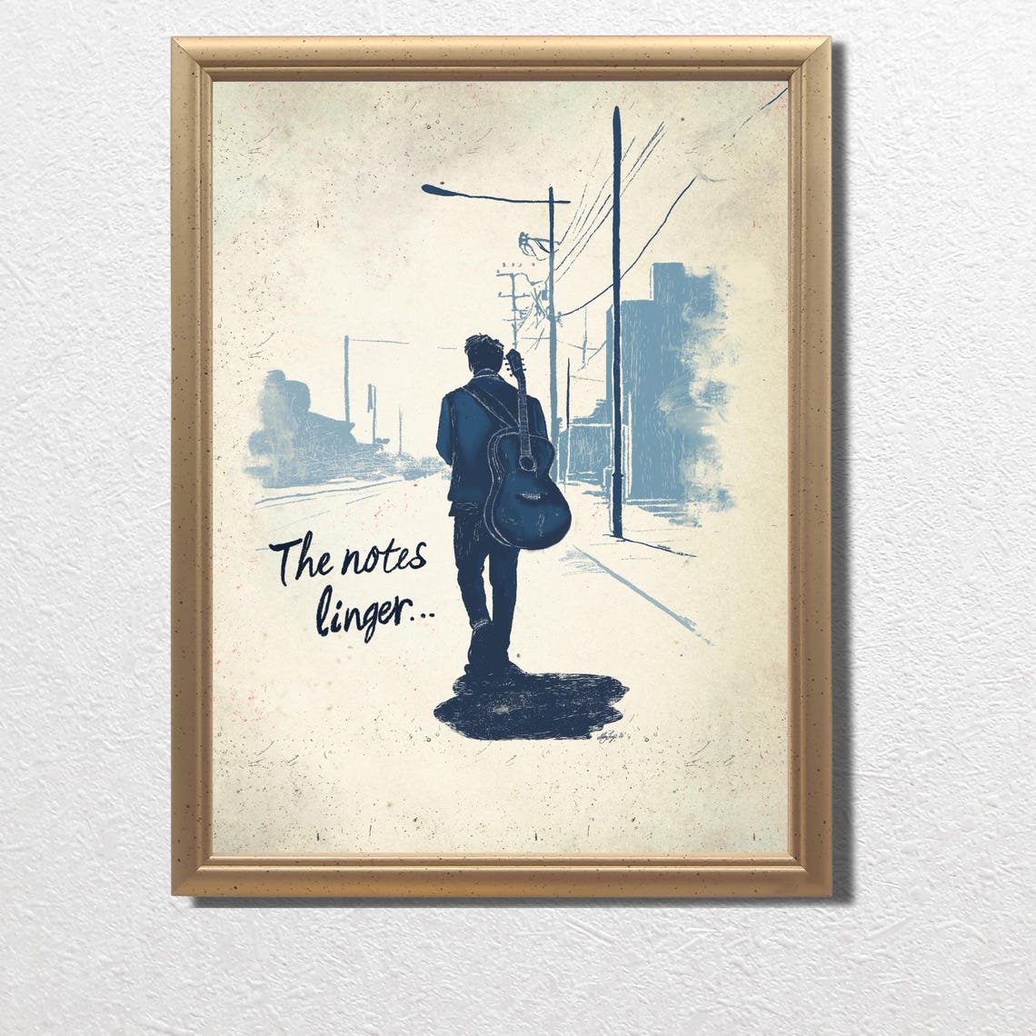 The Notes Linger Guitar Player Blue City Street Sketch Wall Art - Image 3