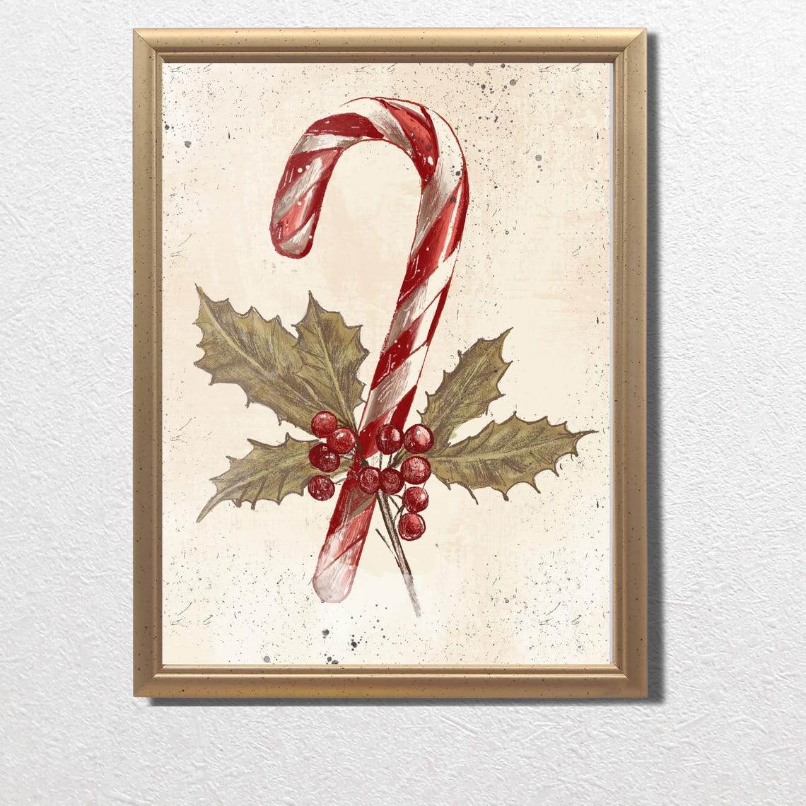Vintage Candy Cane With Holly Leaves Red Berries Christmas Poster - Image 3