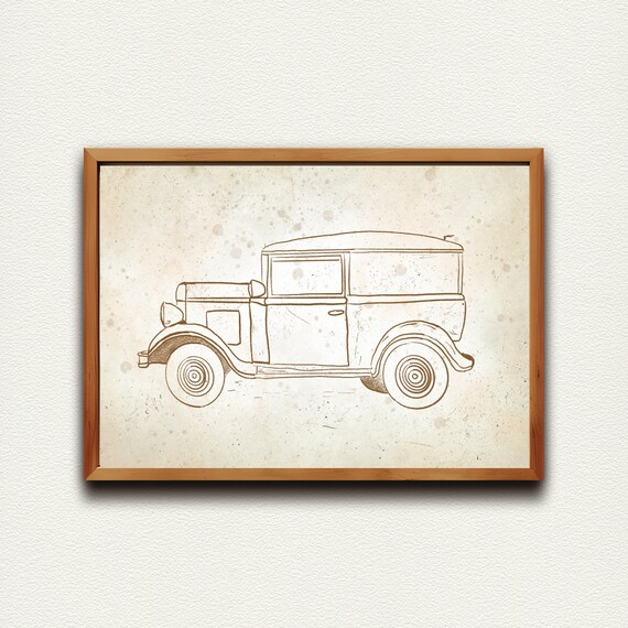 Bold Vintage Jeep Sepia Line Sketch Classic Nursery Car Poster