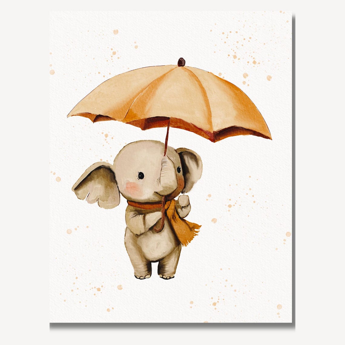 Baby Elephant Holding Golden Umbrella Orange Scarf Nursery Print - Image 2