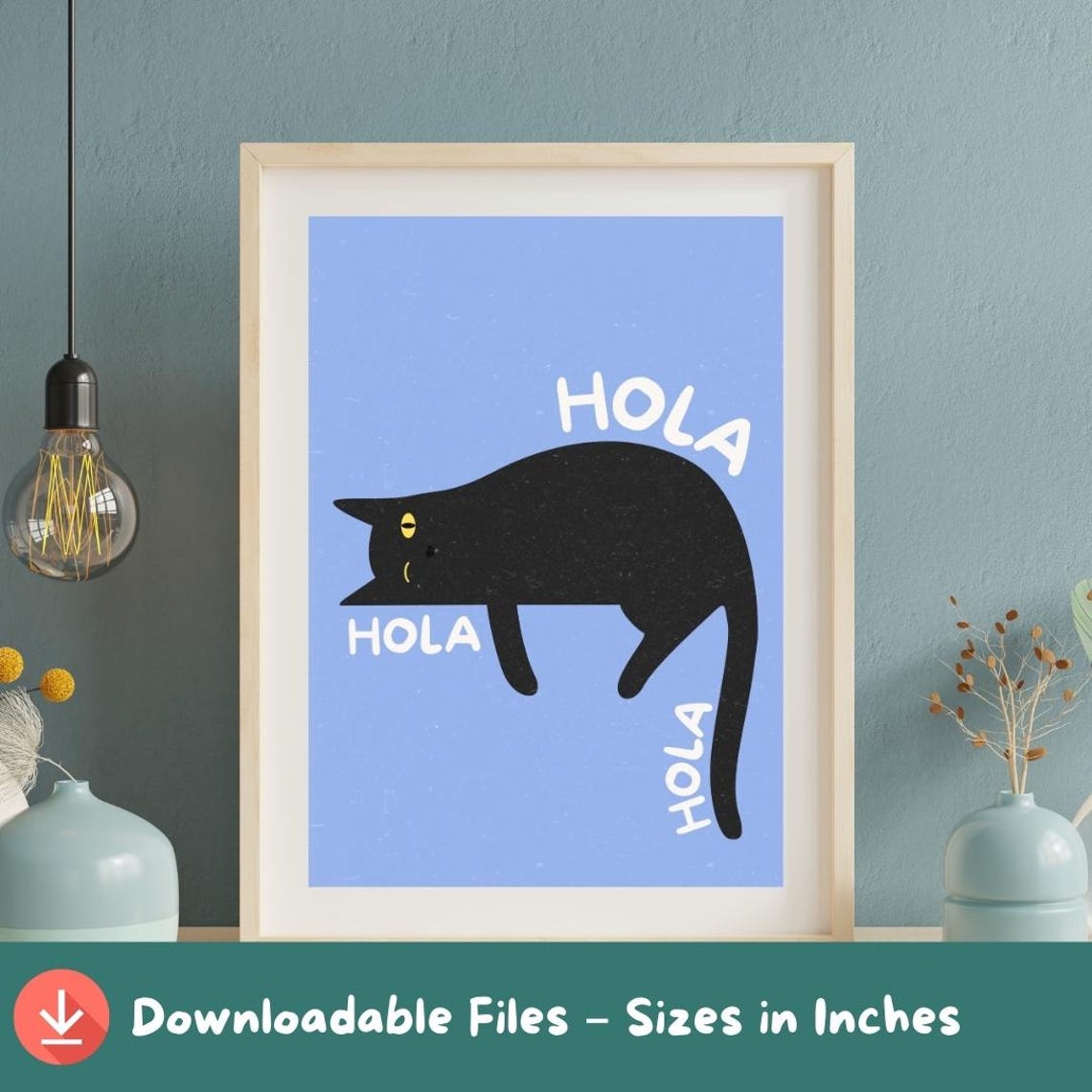 Lazy Black Cat Lying Down Saying Hola on Blue Background Poster