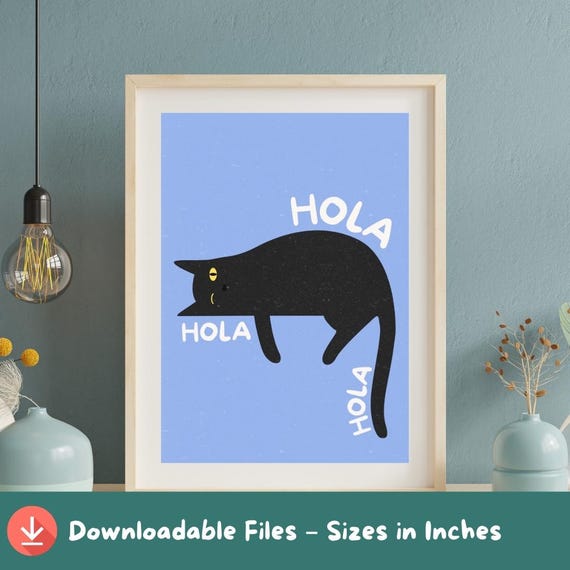 Hola Lazy Cat Print Funny Black Poster Minimalist Art A2a5 Sizes