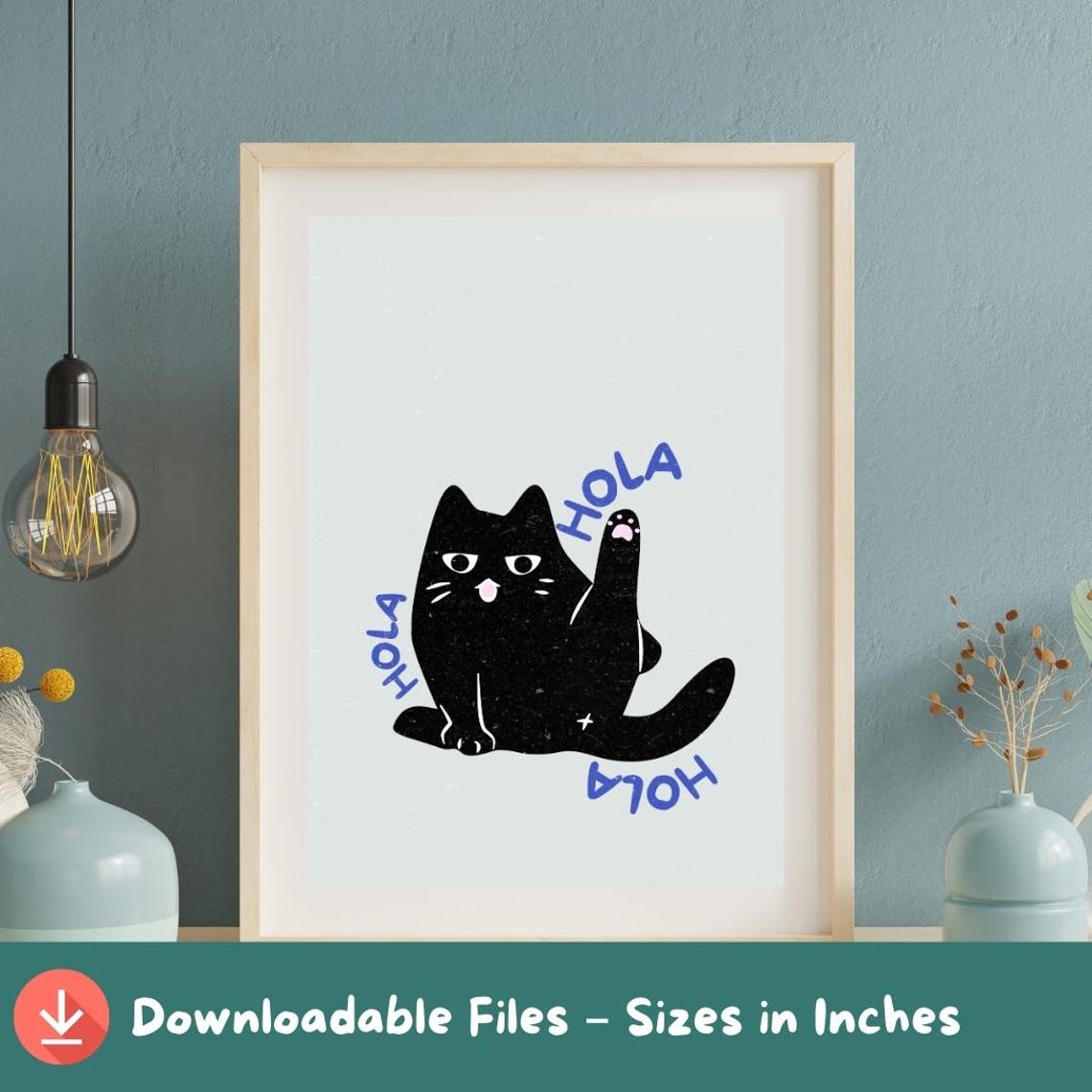 Funny Black Cat Print Whimsical Hola Spanish Quote A2a5 Sizes