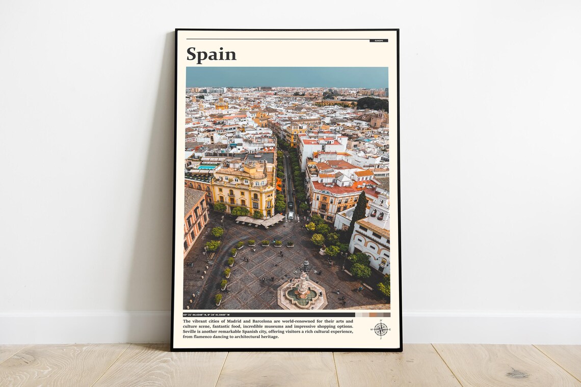 Spain Aerial Historic City Square Fountain Terracotta Roofs Poster