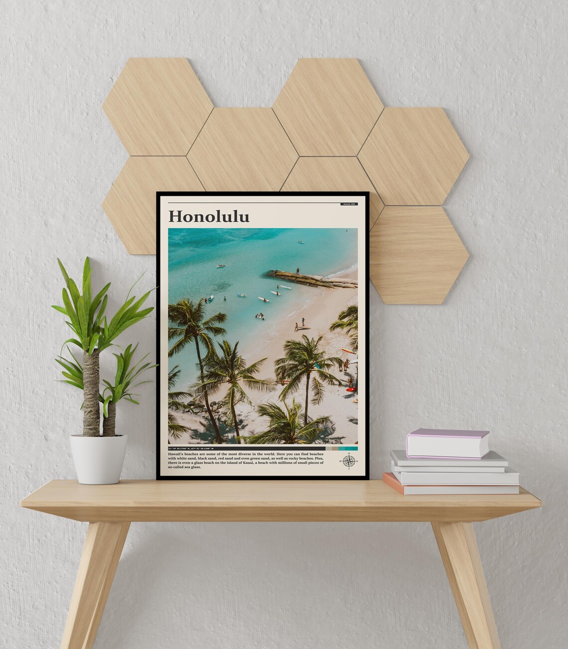 Honolulu Beach Aerial Palm Trees Turquoise Ocean Hawaii Poster - Image 3