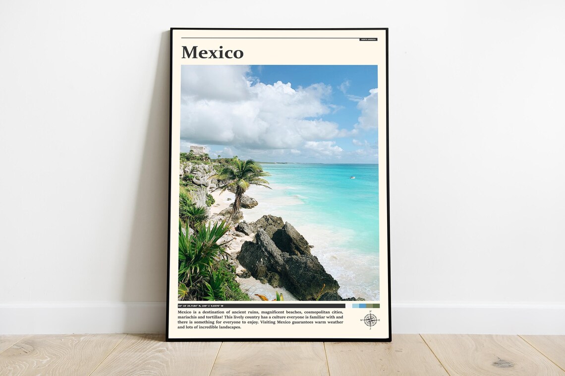 Tulum Mexico Ruins Palm Caribbean Turquoise Sea Travel Poster
