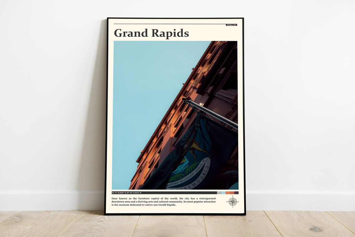 Grand Rapids Historic Brick Building Michigan Flag Urban View Poster