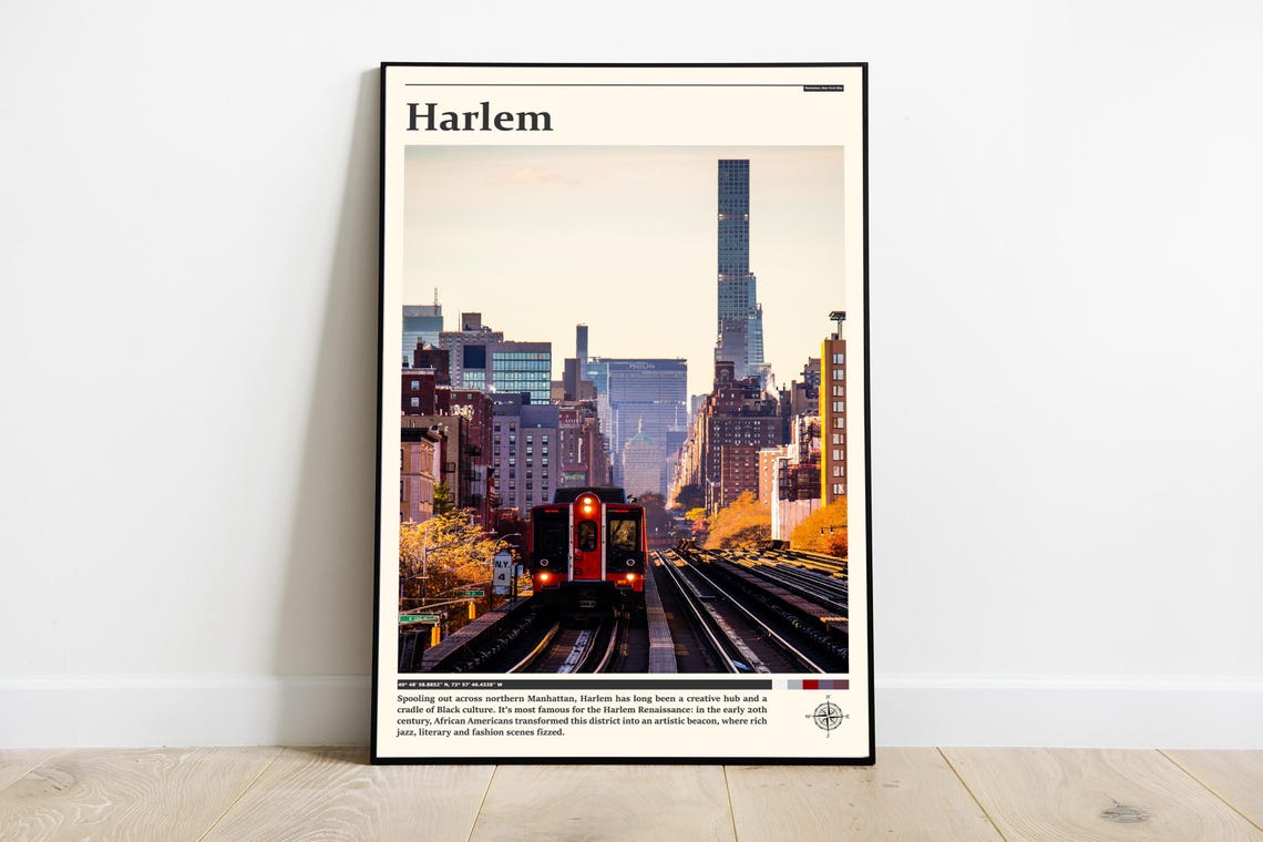Harlem Subway Train and Skyline Golden Autumn Street Scene Poster