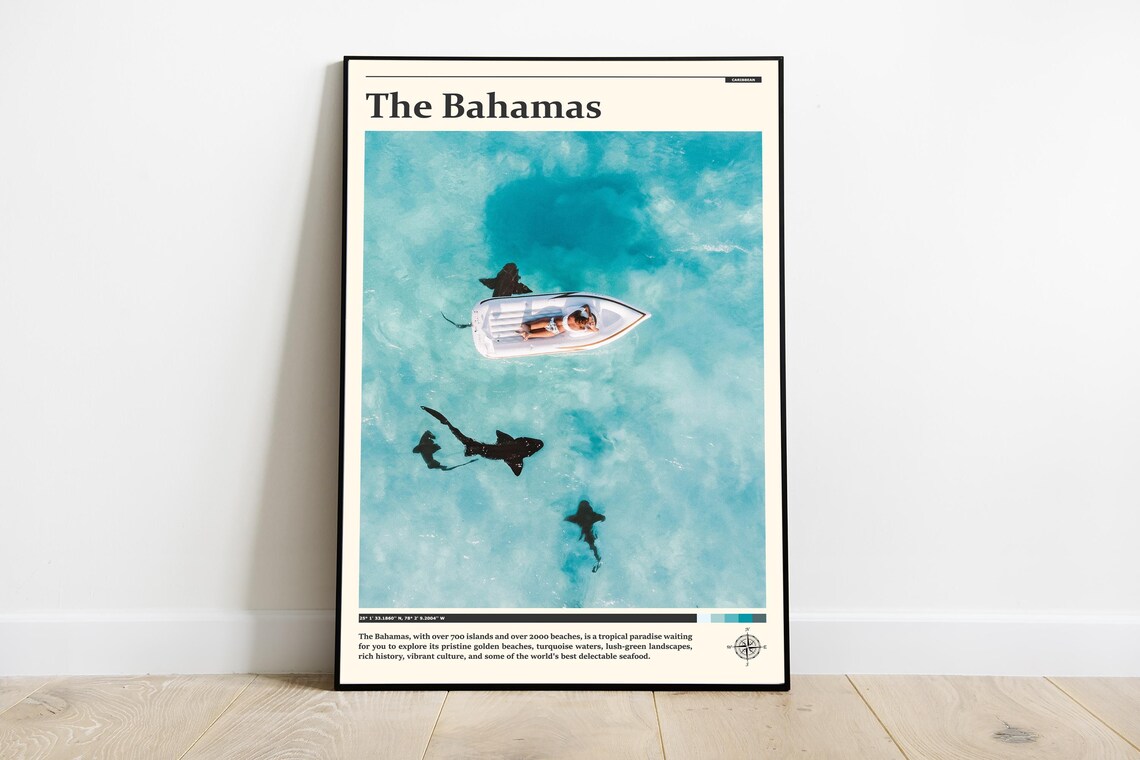 The Bahamas Aerial Boat Shark Shallow Turquoise Sea Photography Poster