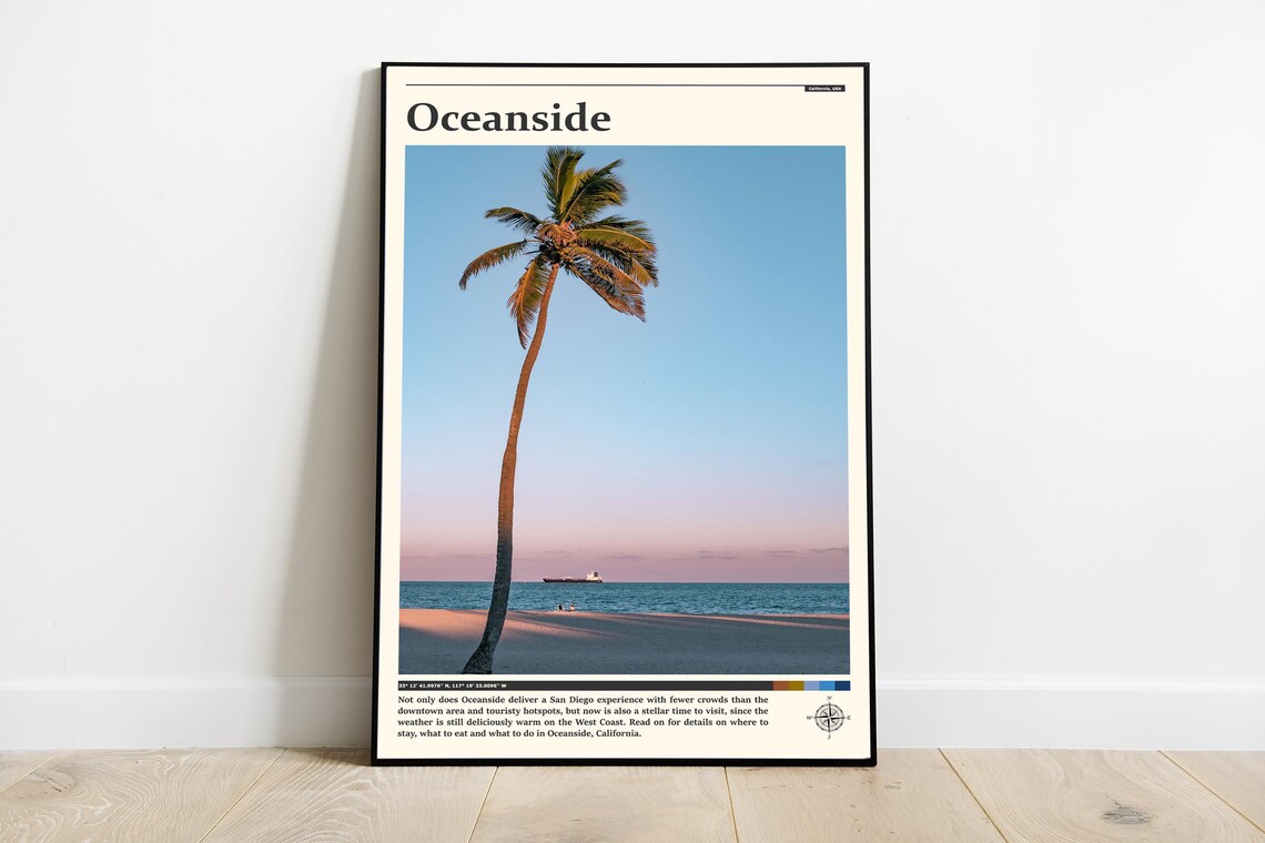 Oceanside Lone Palm Tree Pastel Sunset California Travel Poster
