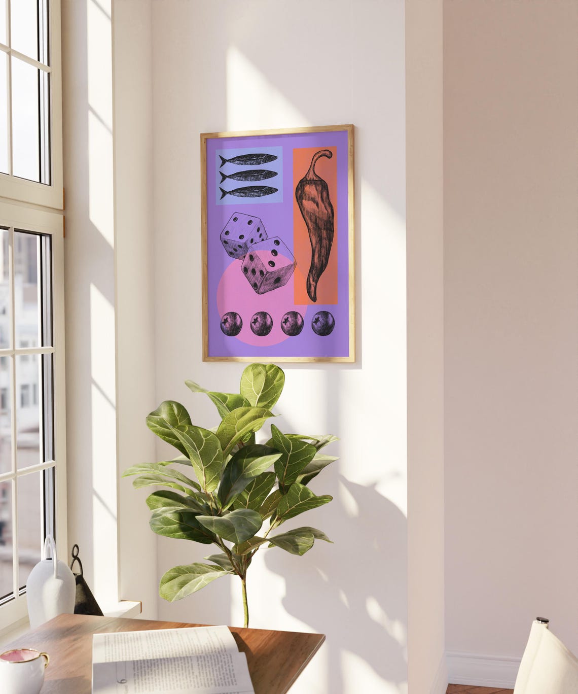 Trippy Collage Dice Fish Chili Pepper Purple Funky Art Poster - Image 5