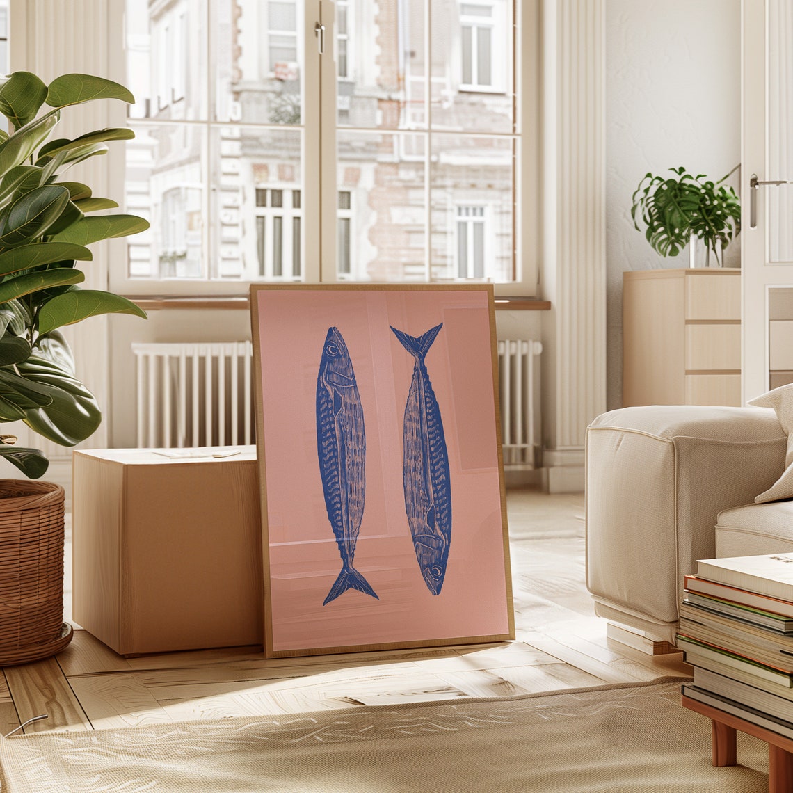 Blue Sardines Pair Pink Background Coastal Kitchen Wall Poster - Image 7
