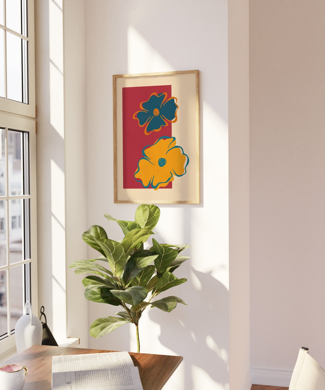 Abstract Floral Duo Teal Mustard Blooms Red Block Art Poster - Image 5