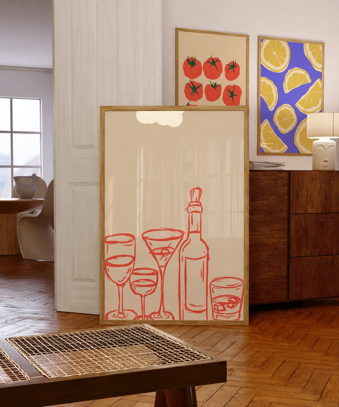 Red Line Art Cocktail Glasses Bottle Modern Bar Decor Poster - Image 6