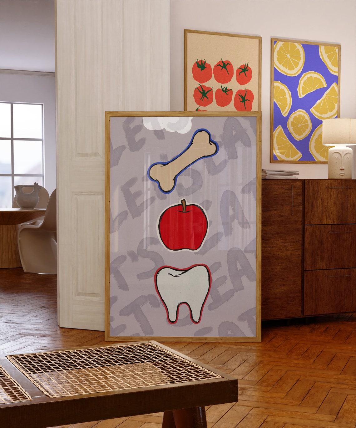 Bone Apple Tooth Lets Eat Funny Food Pun Kitchen Wall Decor Poster - Image 6