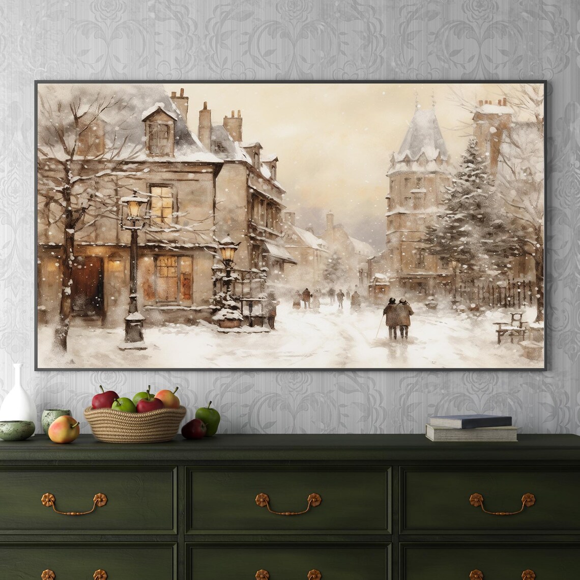 Vintage European Winter Street Scene Snowy Market Art Poster