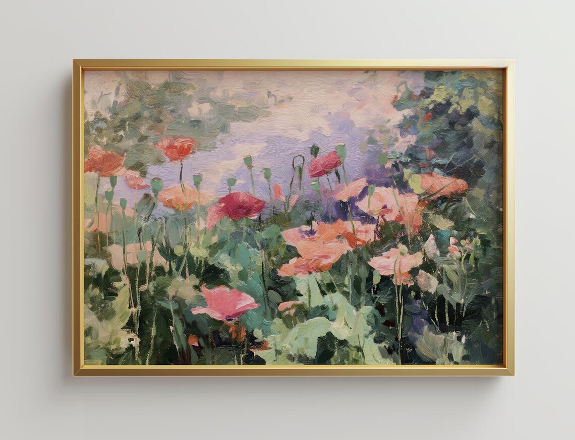 Wild Poppy Field Impressionist Oil Painting Coral Red Poster