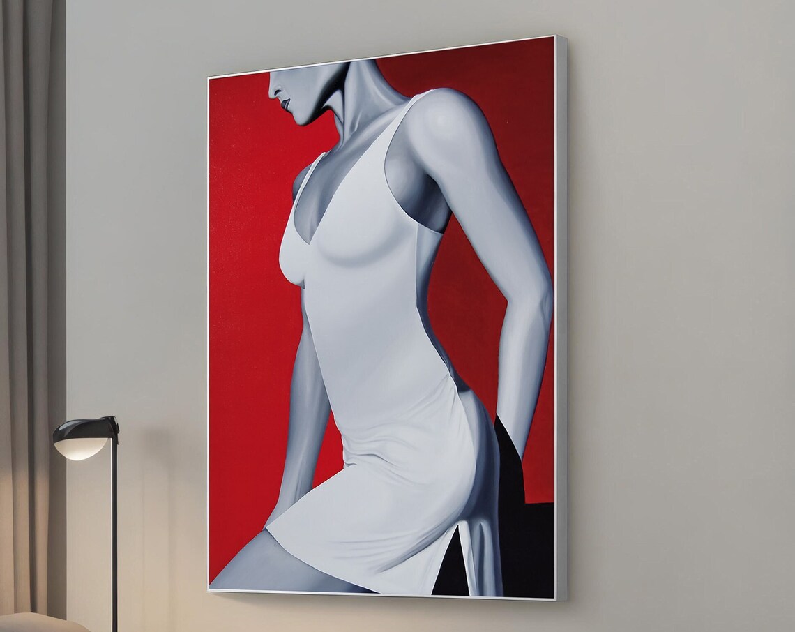 Woman in White Dress Red Background Elegant Fashion Painting Poster