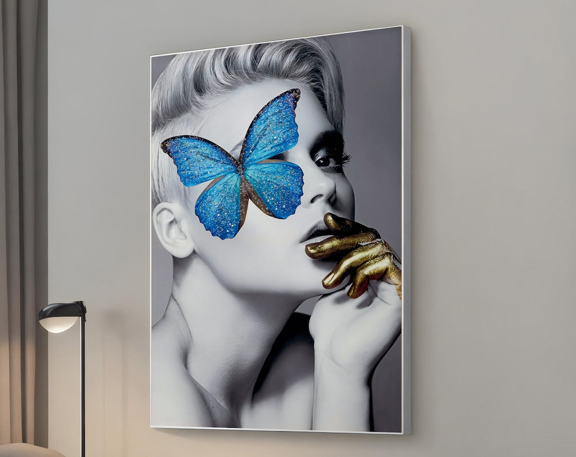 Woman With Blue Butterfly Gold Painted Hand Surreal Art Poster