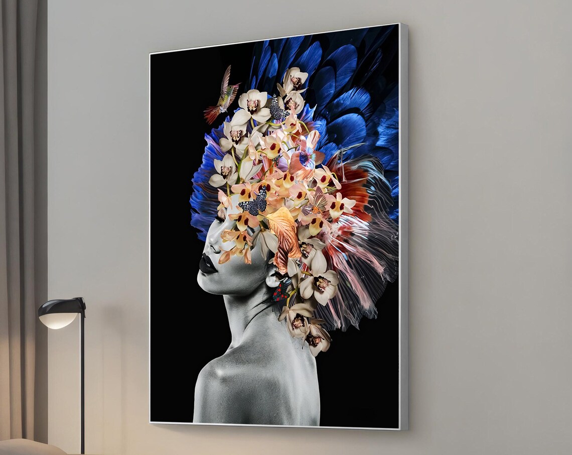 Woman With Orchid Feather Headdress Hummingbird Dramatic Poster
