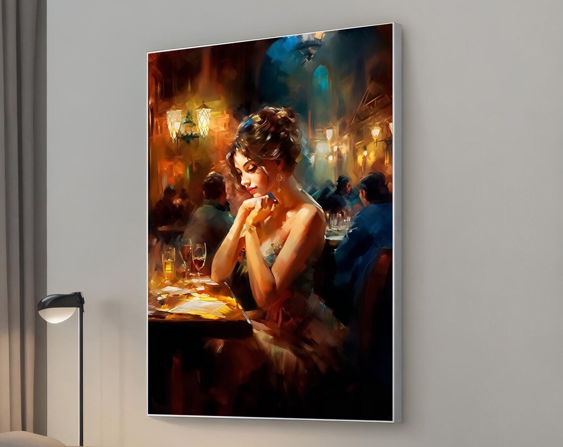 Woman At Candlelit Cafe Bar Warm Oil Painting Night Art Poster
