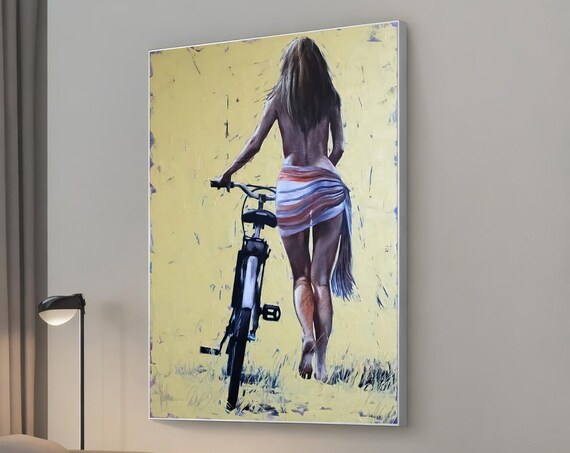 Sensual Woman On Bike Canvas Print Erotic Nude Artwork Wall Decor Naked Riding Art