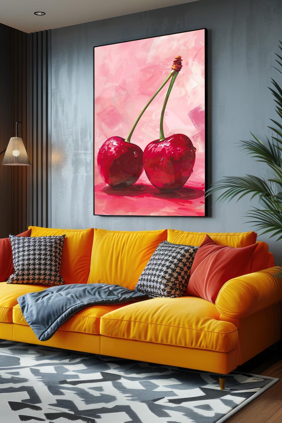 Red Cherry Pair Pink Background Retro Pop Art Fruit Kitchen Poster - Image 2
