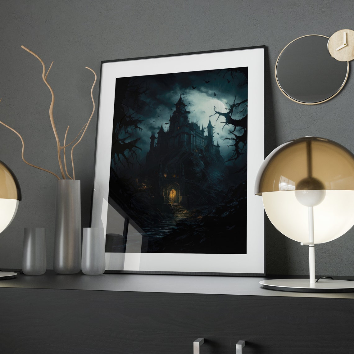 Dark Moody Gothic Castle Under Full Moon Night Landscape Wall Art - Image 2