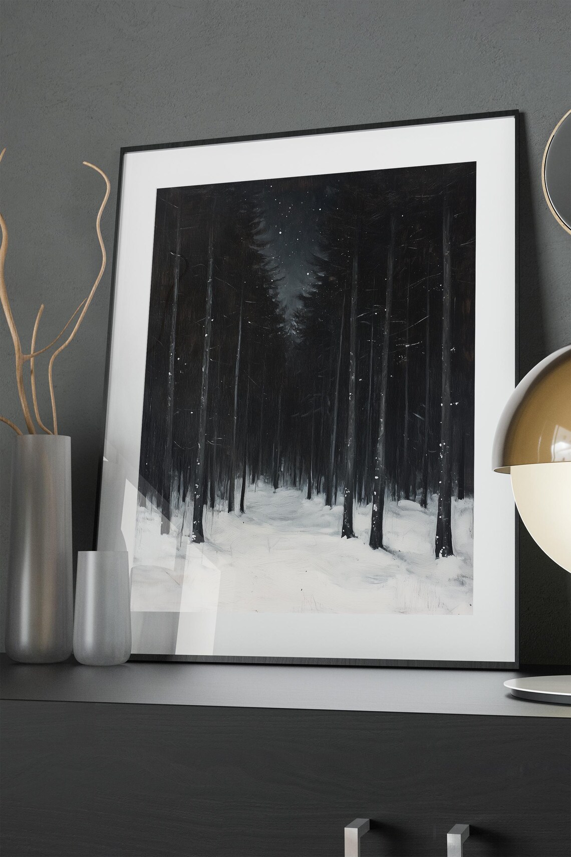 Snowy Night Forest Tall Pines Starlit Winter Landscape Painting Poster - Image 2