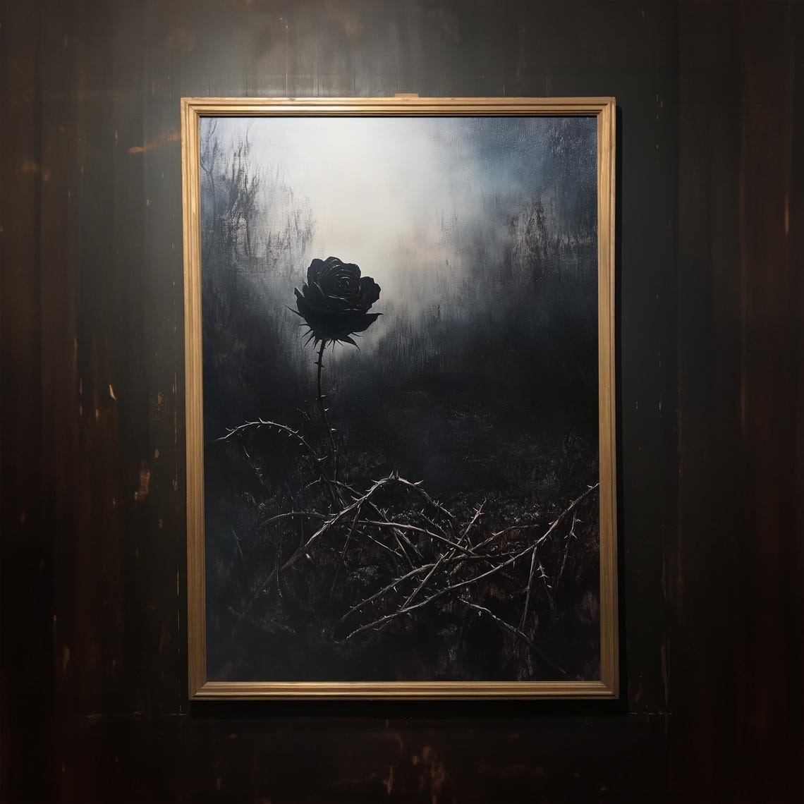 Black Rose in Misty Gray Wilderness Thorny Gothic Painting Poster - Image 3
