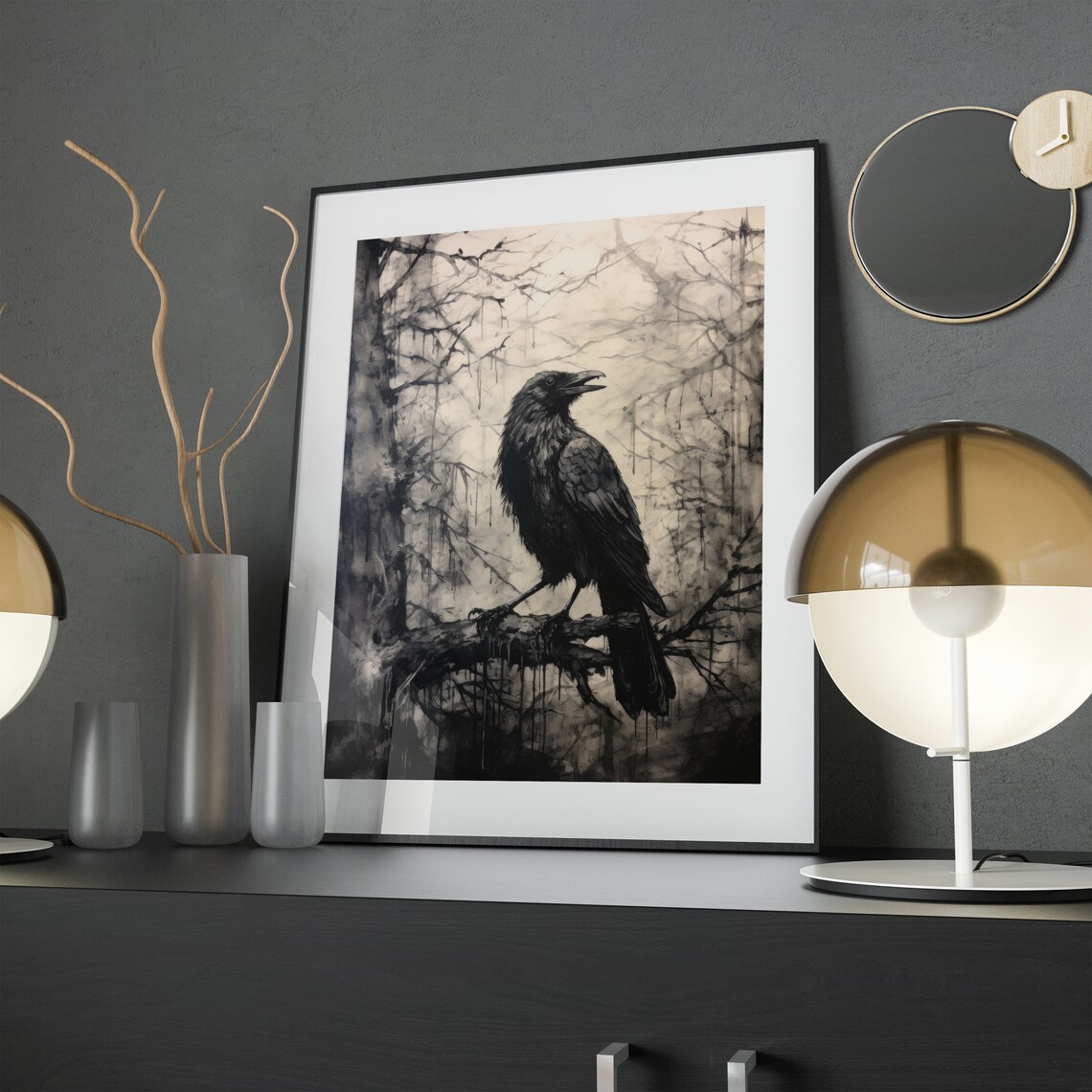 Black Raven Perched Misty Woods Branch Grungy Sepia Vintage Art Poster - Image 3