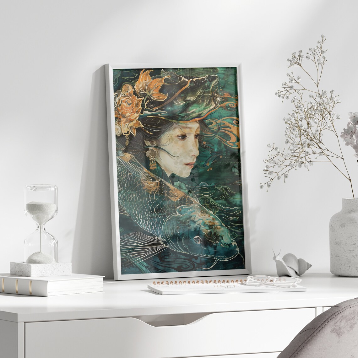 Geisha And Koi Fish Surreal Teal Gold Japanese Style Art Poster - Image 4
