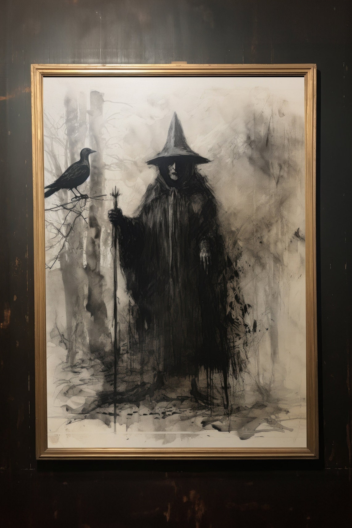 Dark Witch With Staff and Raven Misty Forest Gothic Wall Art - Image 3