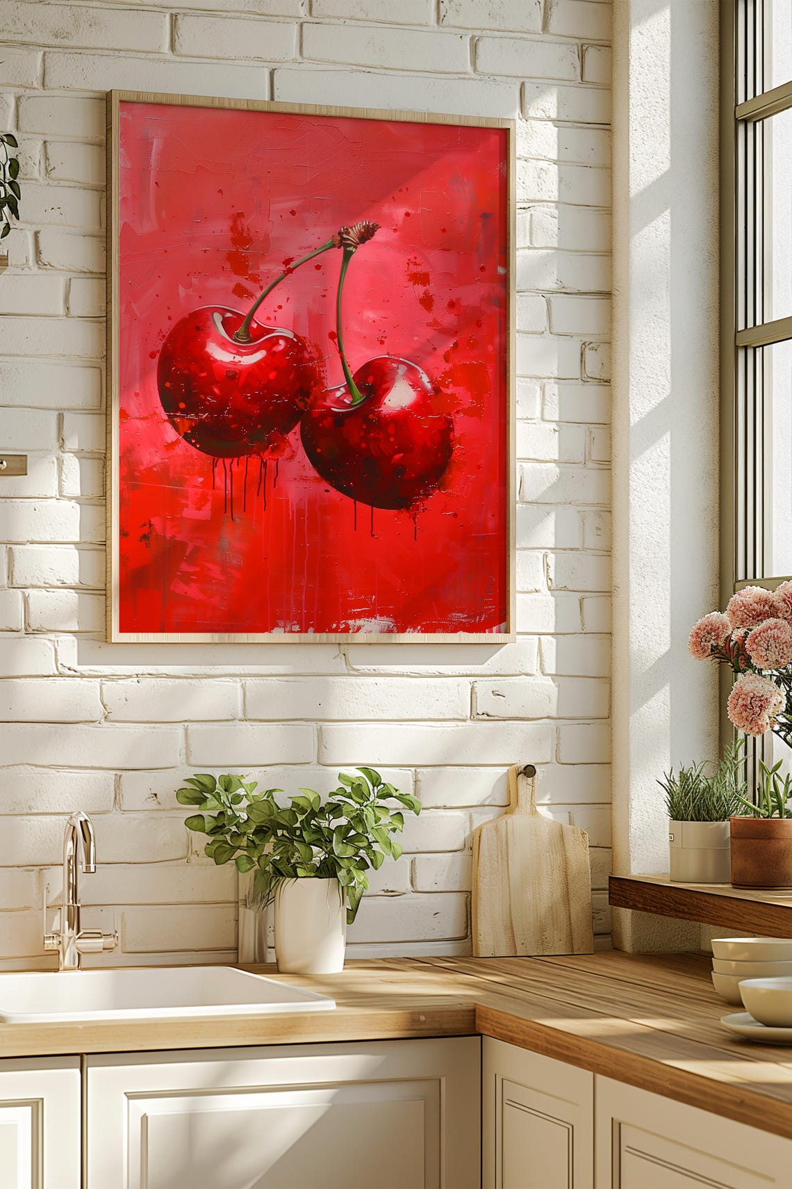 Red Cherries Abstract Fruit Painting Kitchen Wall Decor Print - Image 4