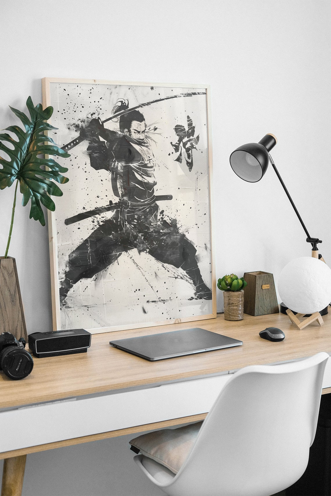 Samurai Warrior Ink Wash Art Black And White Japanese Sword Poster - Image 2