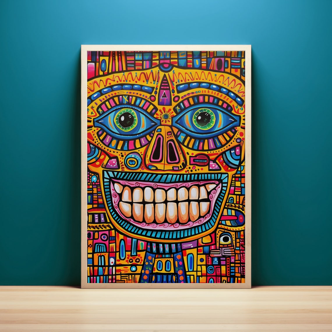 Psychedelic Tribal Shaman Mask Neon Doodle Portrait Wall Art - Image 2