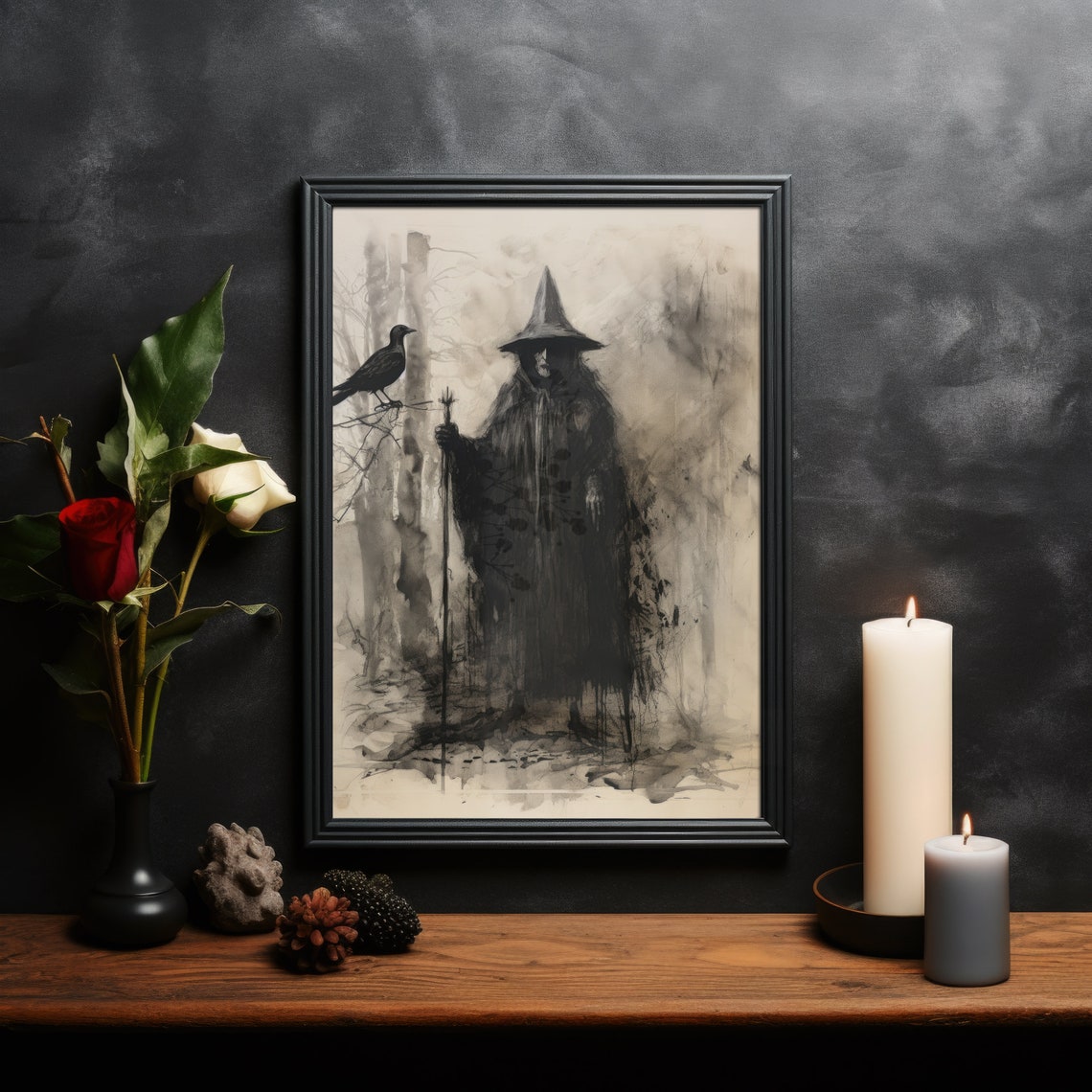 Dark Witch With Staff and Raven Misty Forest Gothic Wall Art - Image 2