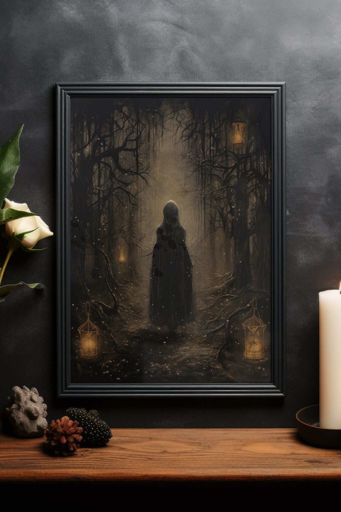 Cloaked Witch Lantern Lit Woods Dark Forest Moody Vintage Painting Art Poster - Image 2