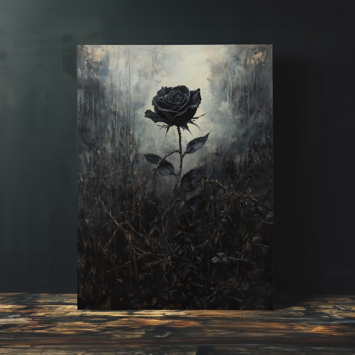 Black Rose Thorny Stem Moody Ornate Gothic Floral Painting Poster - Image 4
