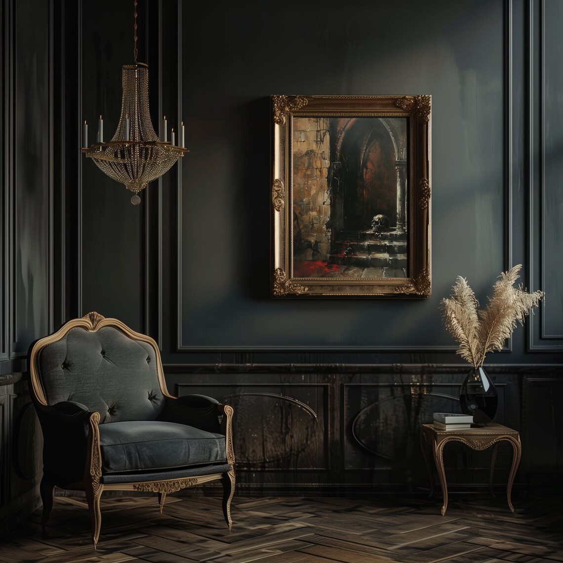 Skull In Gothic Archway Macabre Dark Academia Oil Art Poster - Image 2