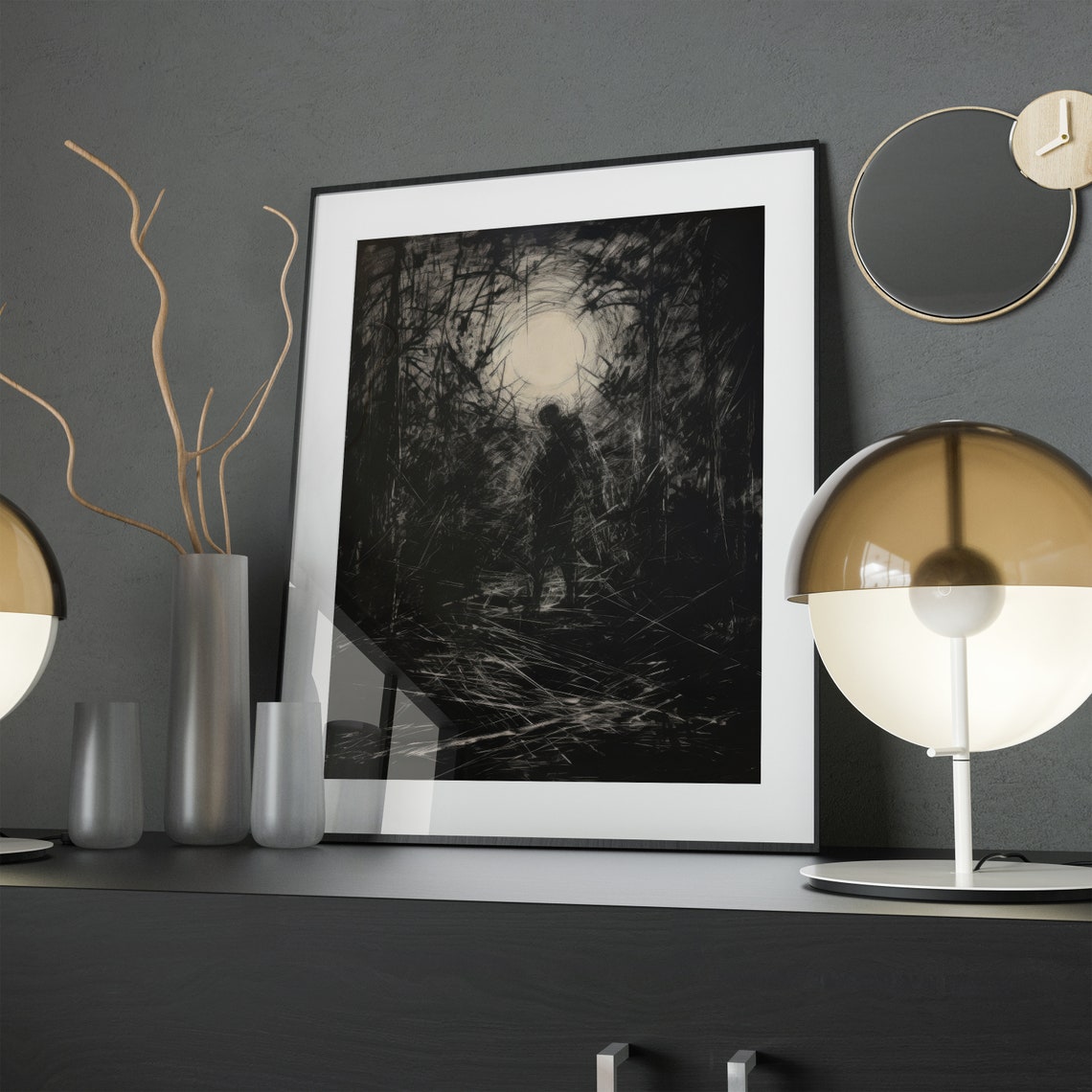 Moonlit Figure in Twisted Woods Eerie Charcoal Sketch Poster - Image 3