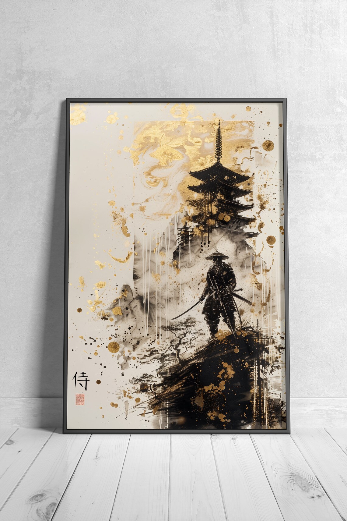 Black Gold Samurai Pagoda Japanese Ink Wash Painting Style Poster - Image 4