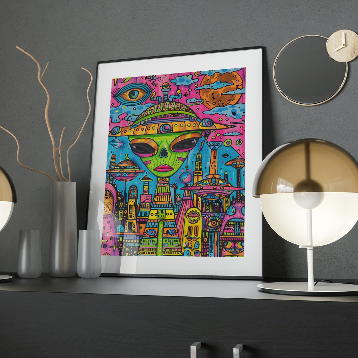 Neon Alien Cityscape Psychedelic Trippy Cosmic Invasion Wall Art - Image 4