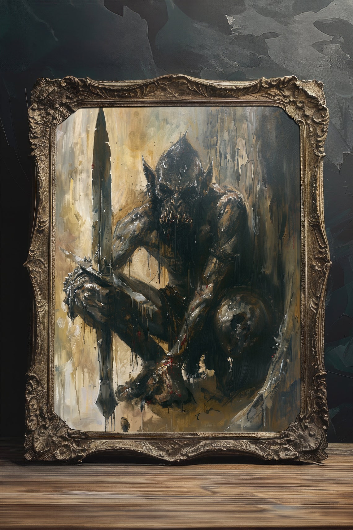 Dark Goblin Warrior Sword Moody Oil Painting Style Art Poster - Image 3