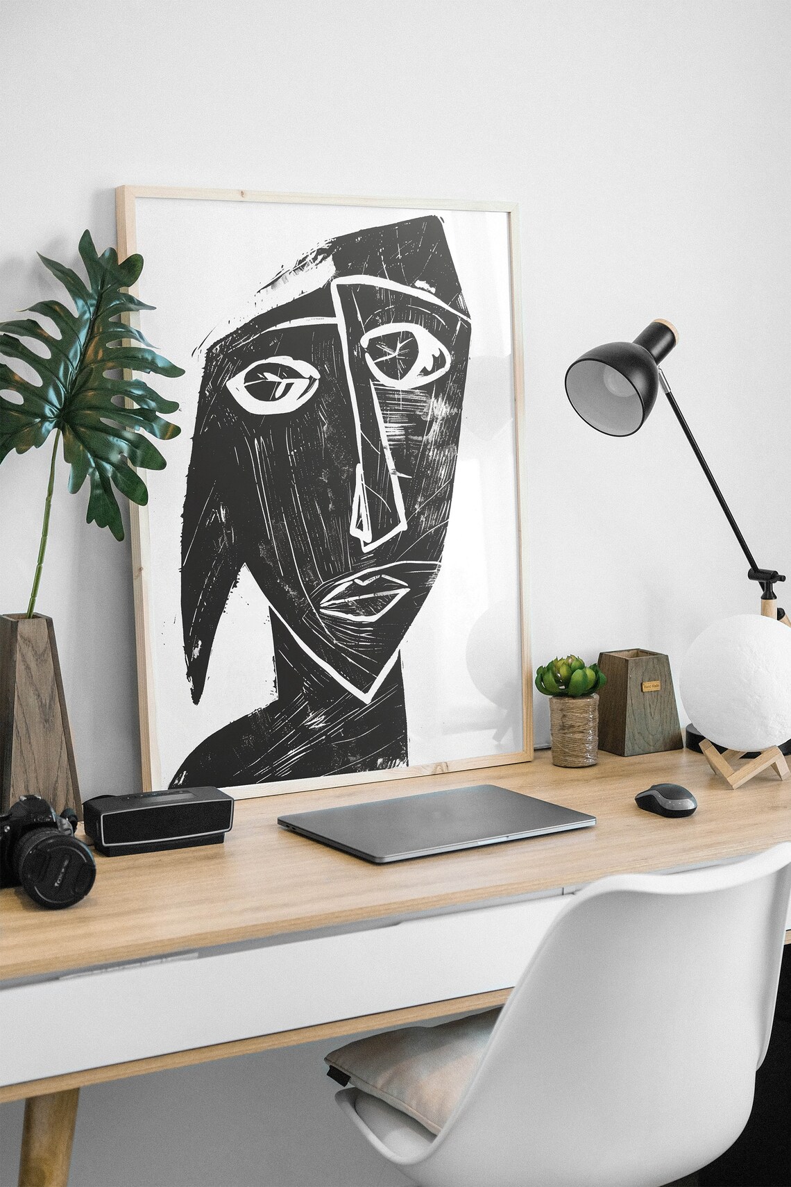 Abstract Cubist Face Portrait Black And White Modern Line Art Poster - Image 3