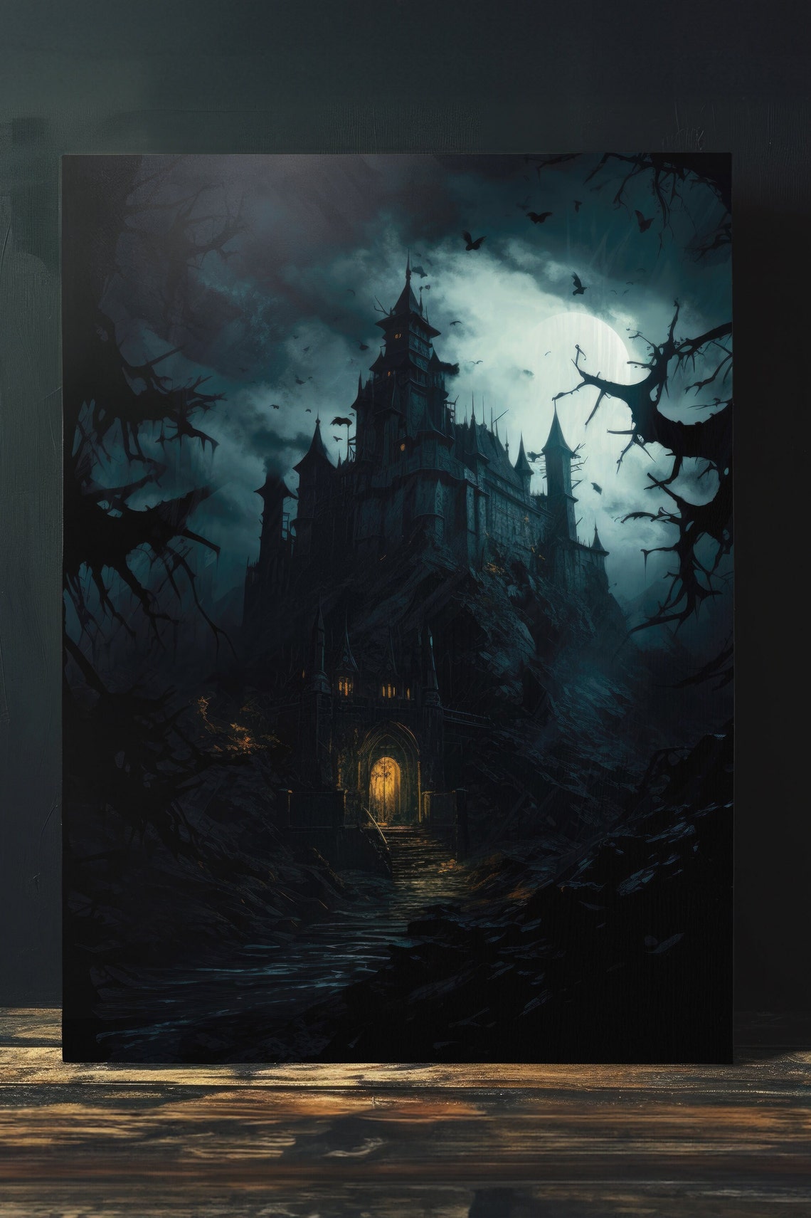 Dark Moody Gothic Castle Under Full Moon Night Landscape Wall Art - Image 4