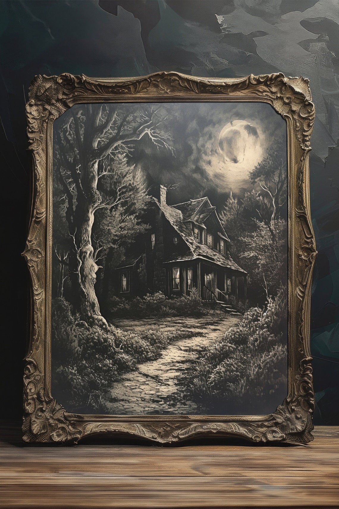 Moonlit Cabin In Dark Woods Monochrome Gothic Horror Art Poster - Image 3